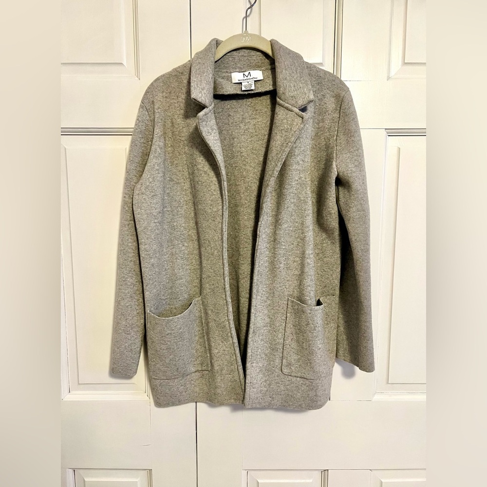 Magaschoni Light Grey Wool Blend Open Front Collared Cardigan Small‎